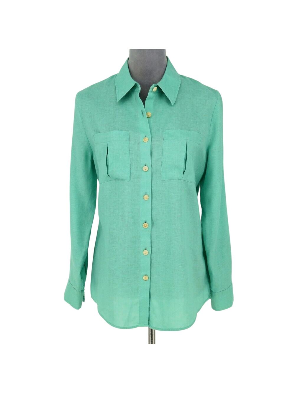 Investments Gold Label Top Womens 8 Green Linen Blouse Pleated Pockets Beach